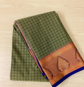 Cobalt Blue Olive Silk Saree with Rose Gold Leaf Border