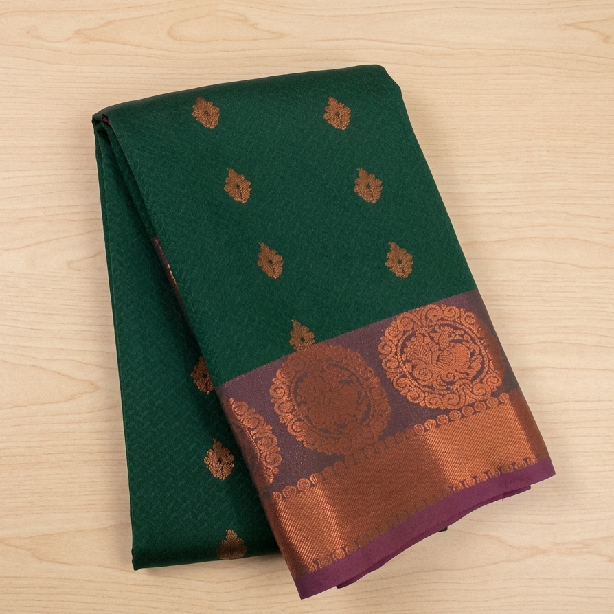 Deep Green Magenta Zari Silk Saree With Copper Pallu Border