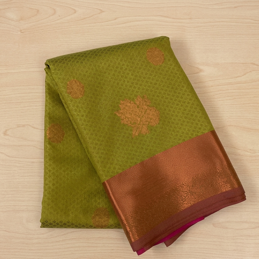 Olive Green Silk Saree with Brick Red Pallu and Gold Zari