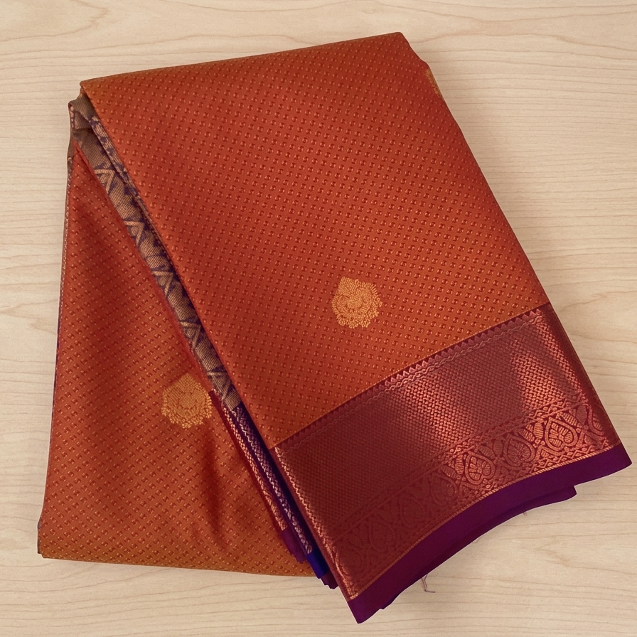 Rust Red Silk Saree Deep Violet Pallu Rose Gold Zari