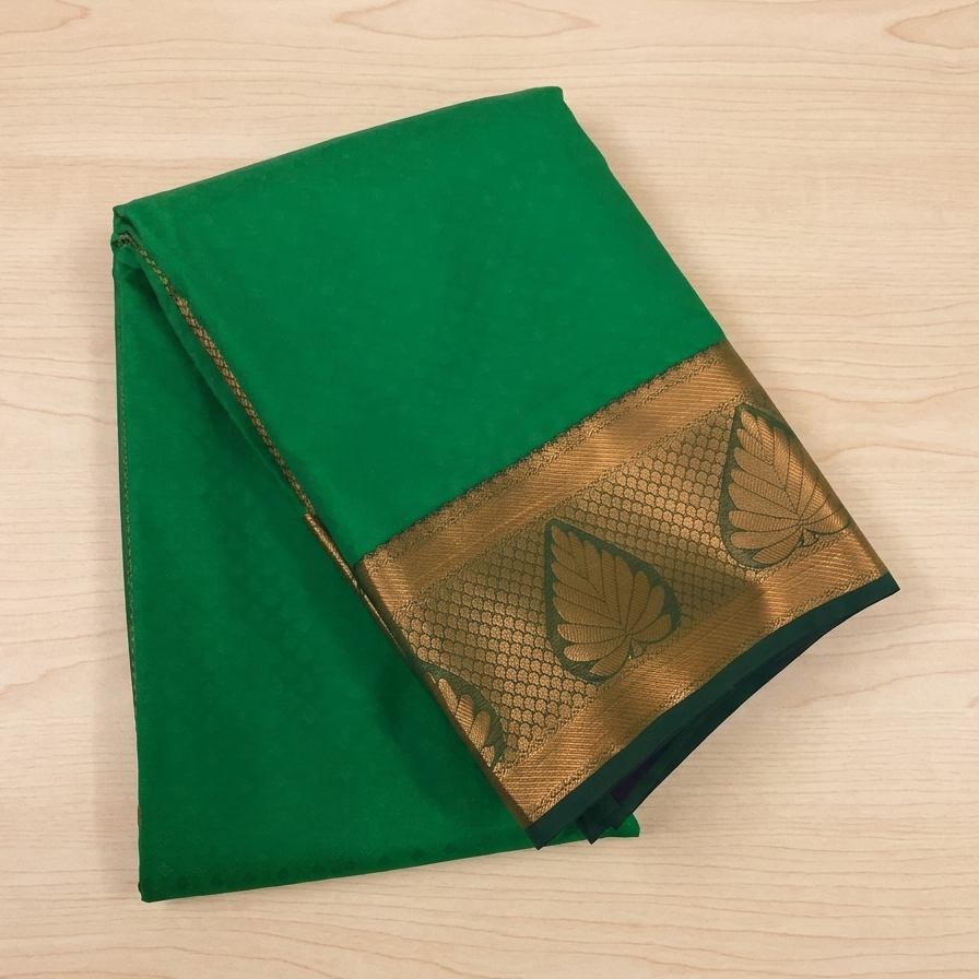 Emerald Green Silk Saree with Navy Pallu and Gold Leaf Border