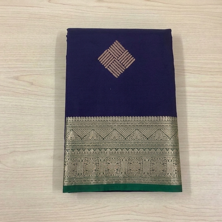 Navy Teal Silk Saree with Silver Zari and Diamond Motifs