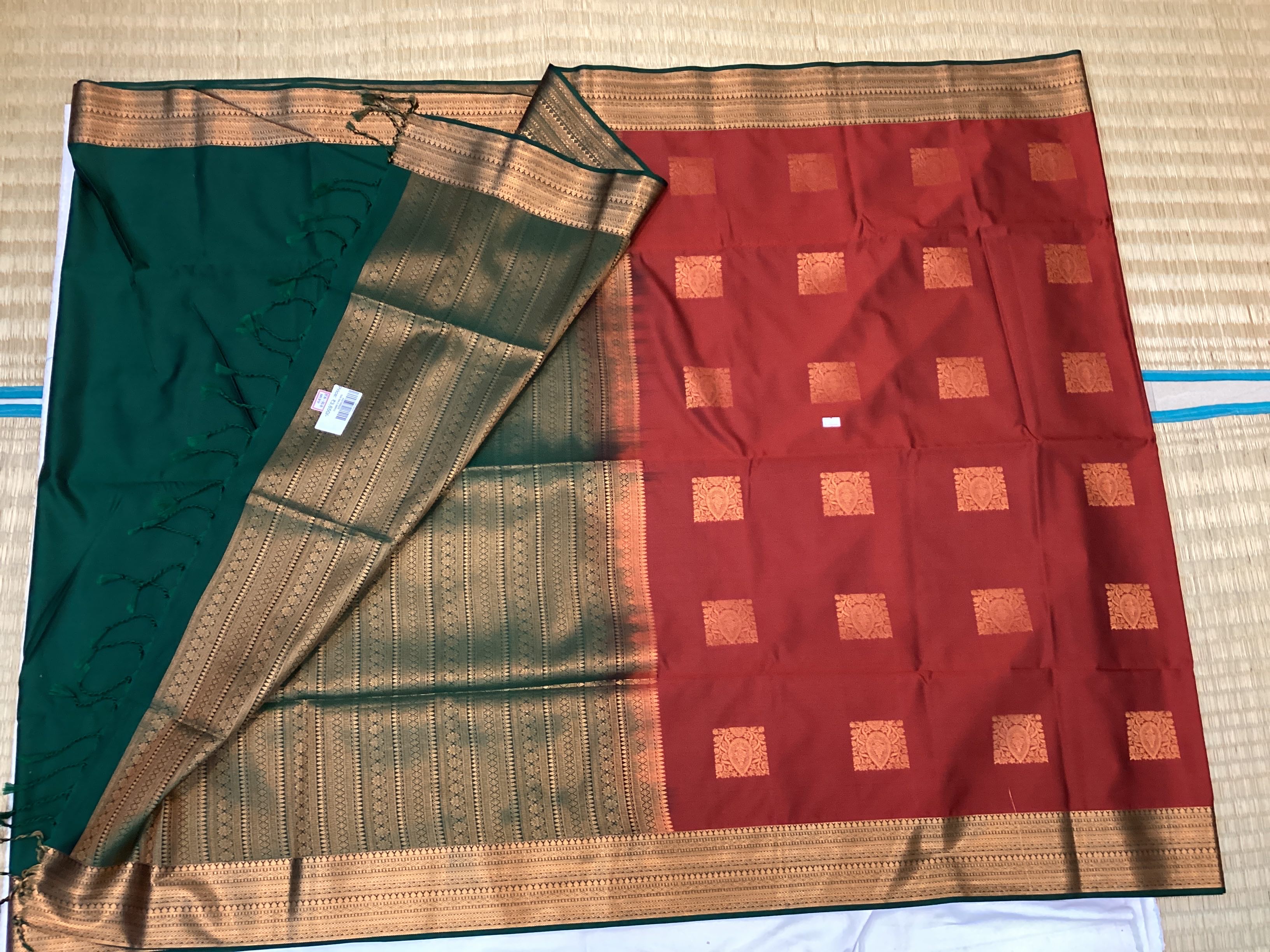 Brick Red Zari Saree With Forest Green Pallu Traditional Wear