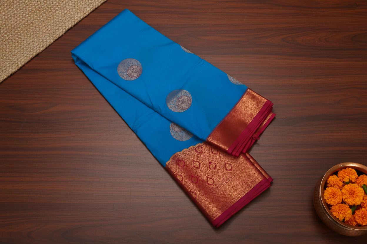 Azure Blue Silk Saree Copper Orange Paisley Pallu Gold Border