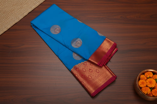 Azure Blue Silk Saree Copper Orange Paisley Pallu Gold Border