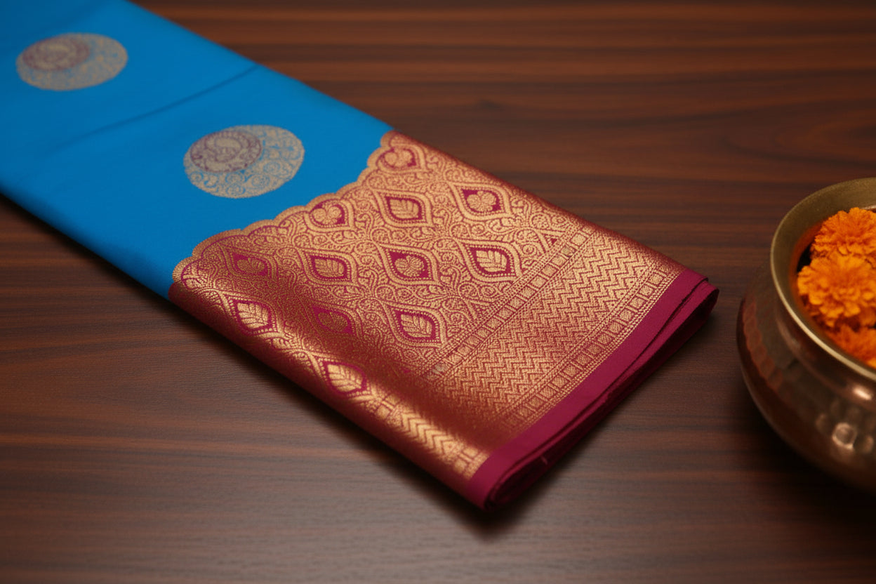 Azure Blue Silk Saree Copper Orange Paisley Pallu Gold Border