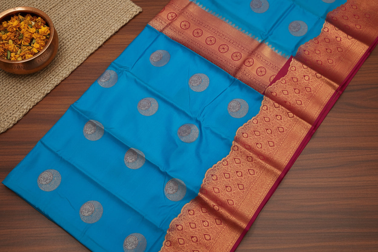 Azure Blue Silk Saree Copper Orange Paisley Pallu Gold Border