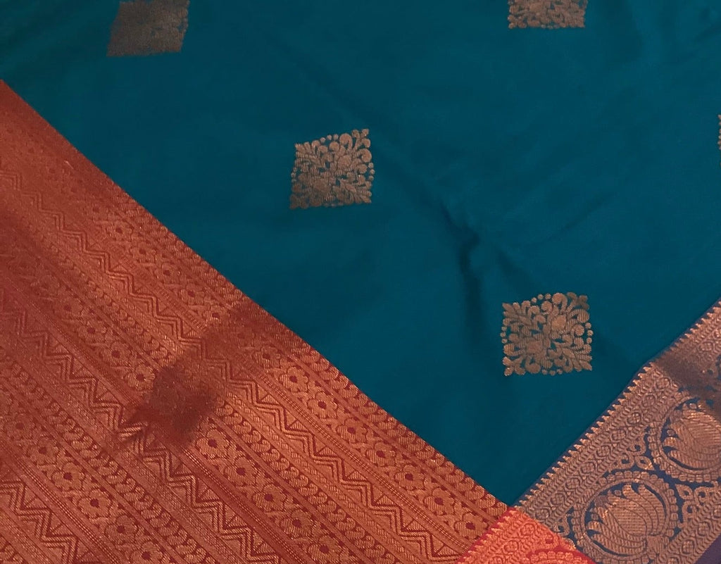 Royal Blue Silk Kanjivaram Saree Copper Red Brocade Pallu Traditional