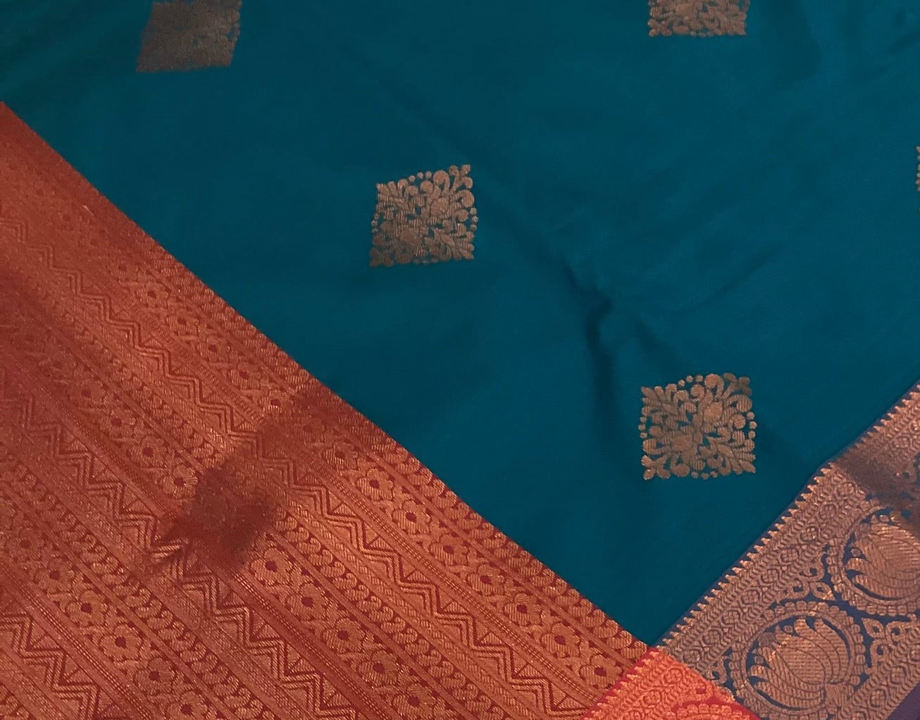 Royal Blue Silk Kanjivaram Saree Copper Red Brocade Pallu Traditional