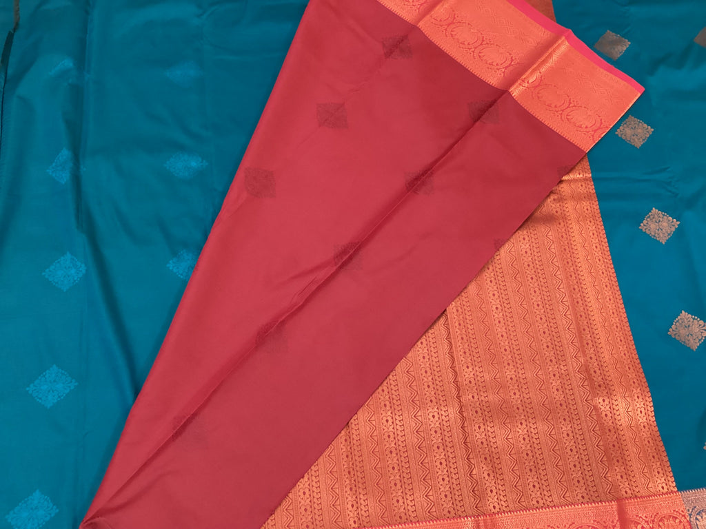 Royal Blue Silk Kanjivaram Saree Copper Red Brocade Pallu Traditional