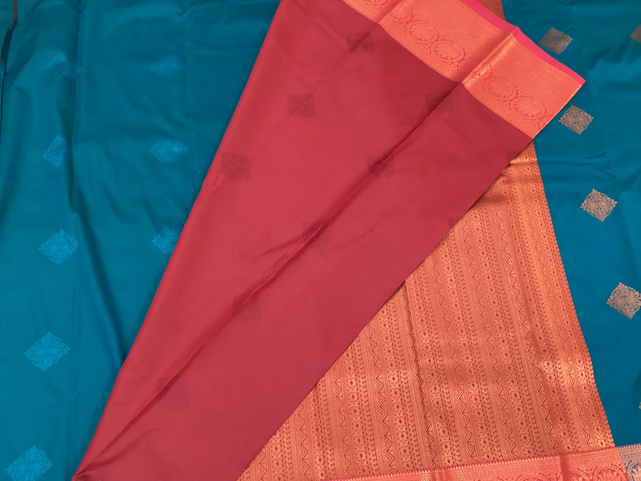 Royal Blue Silk Kanjivaram Saree Copper Red Brocade Pallu Traditional