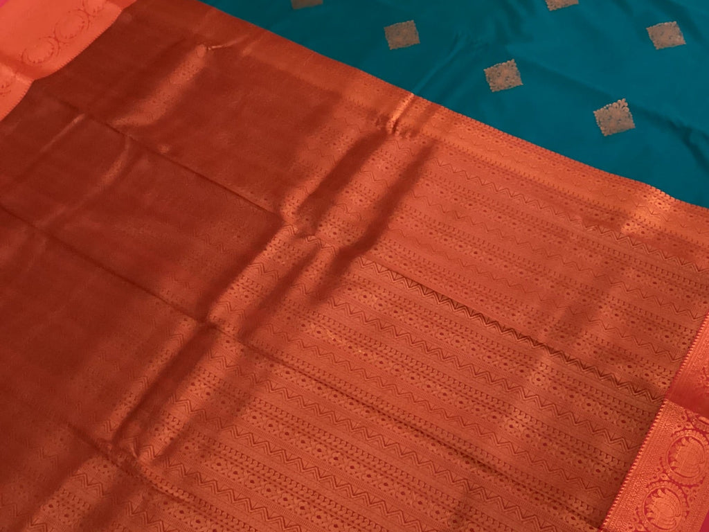 Royal Blue Silk Kanjivaram Saree Copper Red Brocade Pallu Traditional