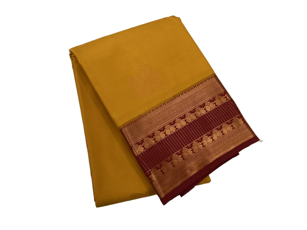 Mustard Maroon Kanjivaram Silk Saree Gold Zari Pallu Brocade Border