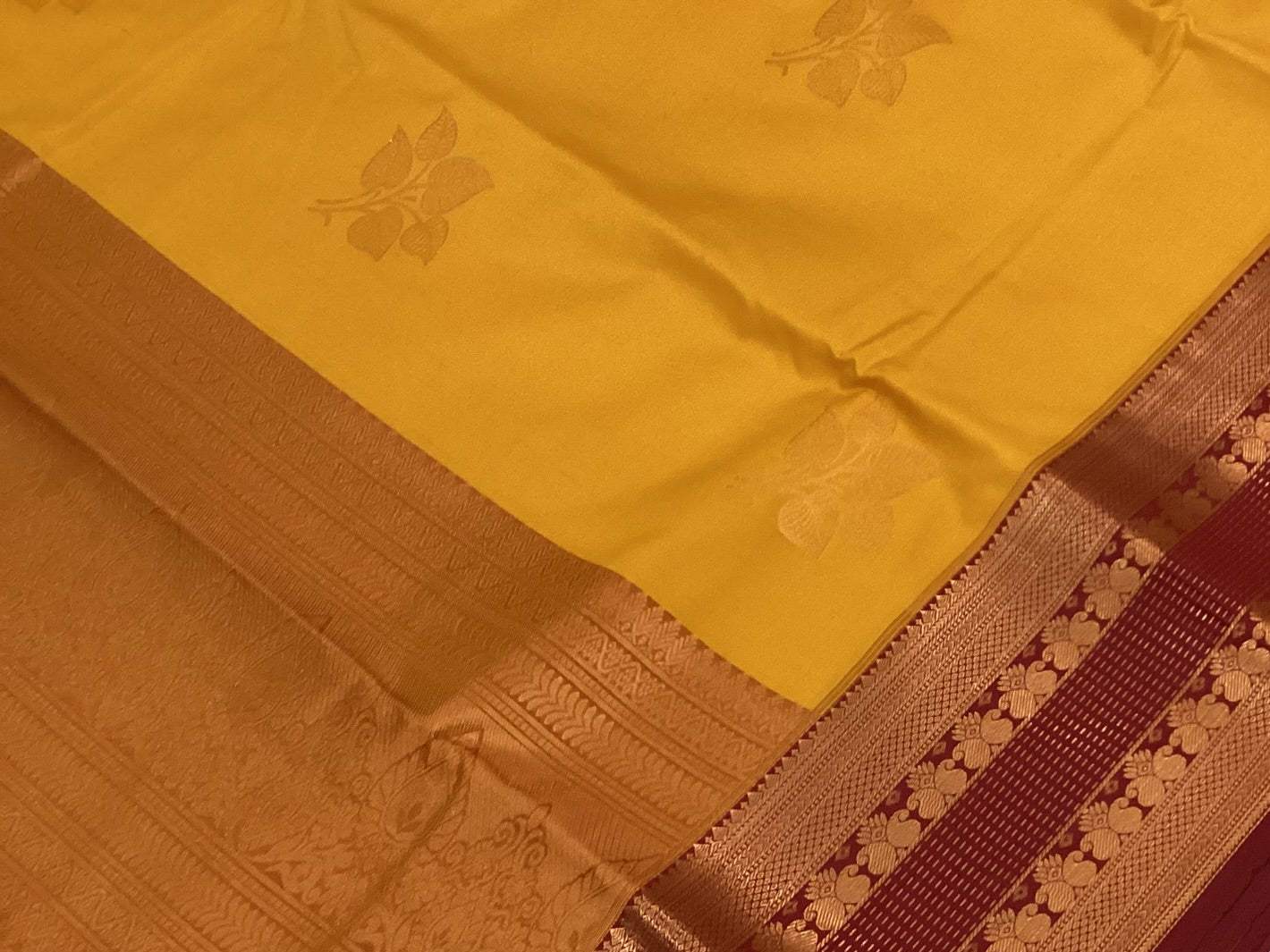 Mustard Maroon Kanjivaram Silk Saree Gold Zari Pallu Brocade Border