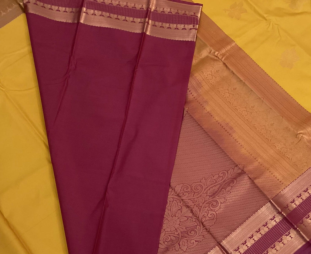 Mustard Maroon Kanjivaram Silk Saree Gold Zari Pallu Brocade Border