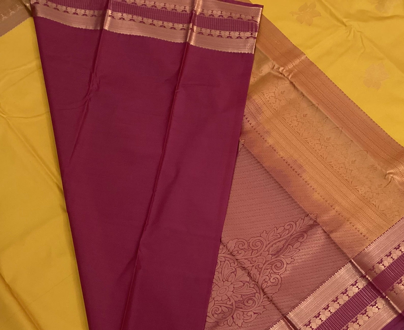 Mustard Maroon Kanjivaram Silk Saree Gold Zari Pallu Brocade Border