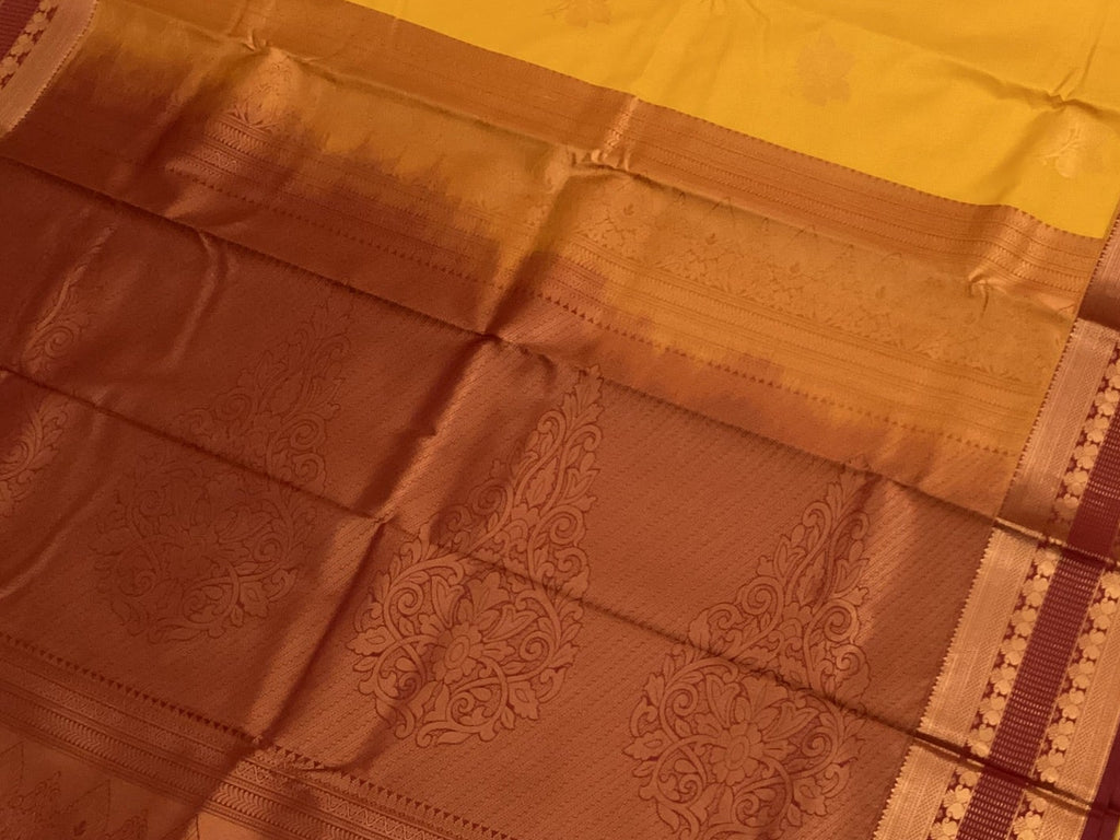 Mustard Maroon Kanjivaram Silk Saree Gold Zari Pallu Brocade Border