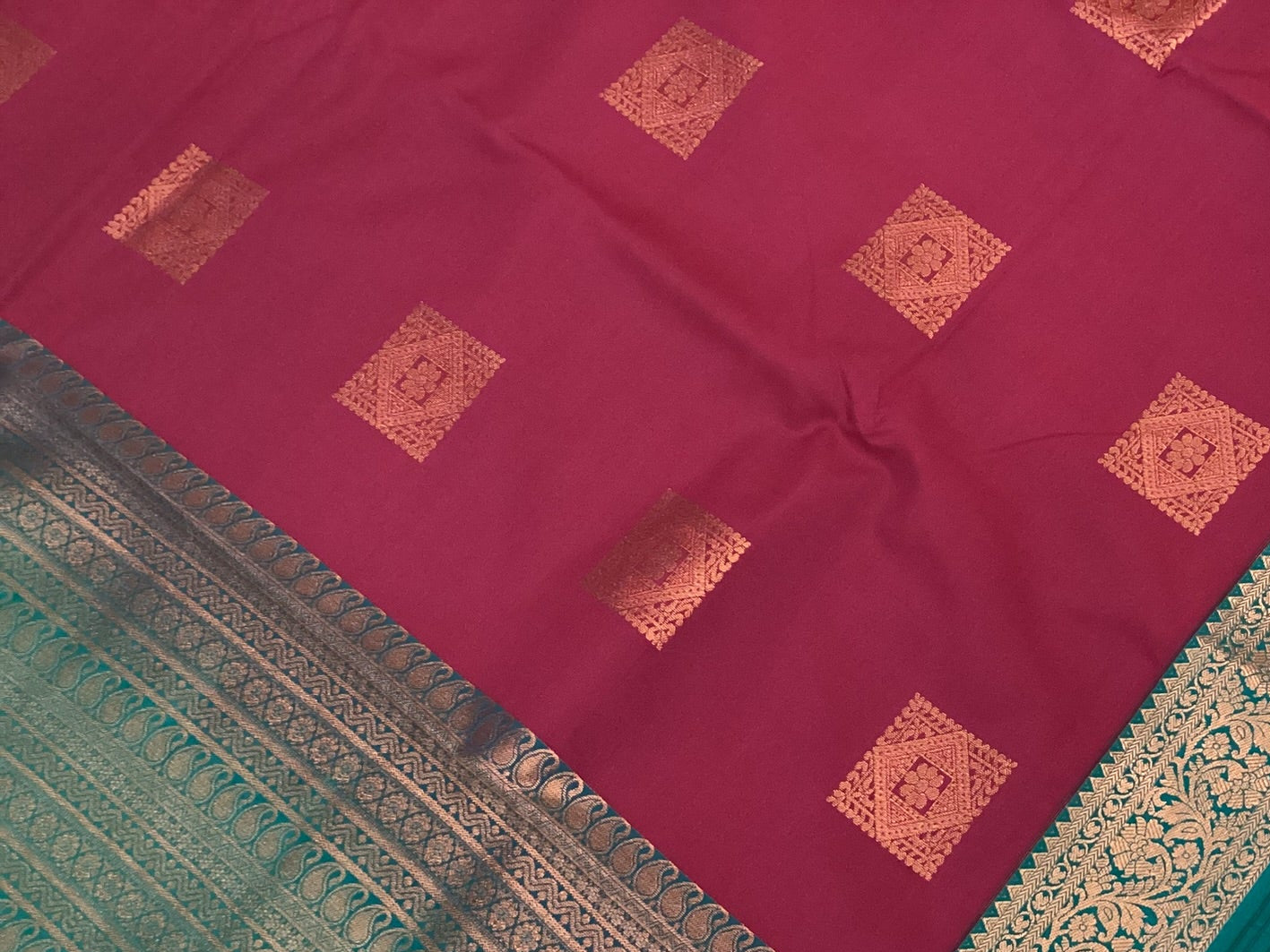 Maroon Teal Silk Saree With Gold Zari Square Buta Border