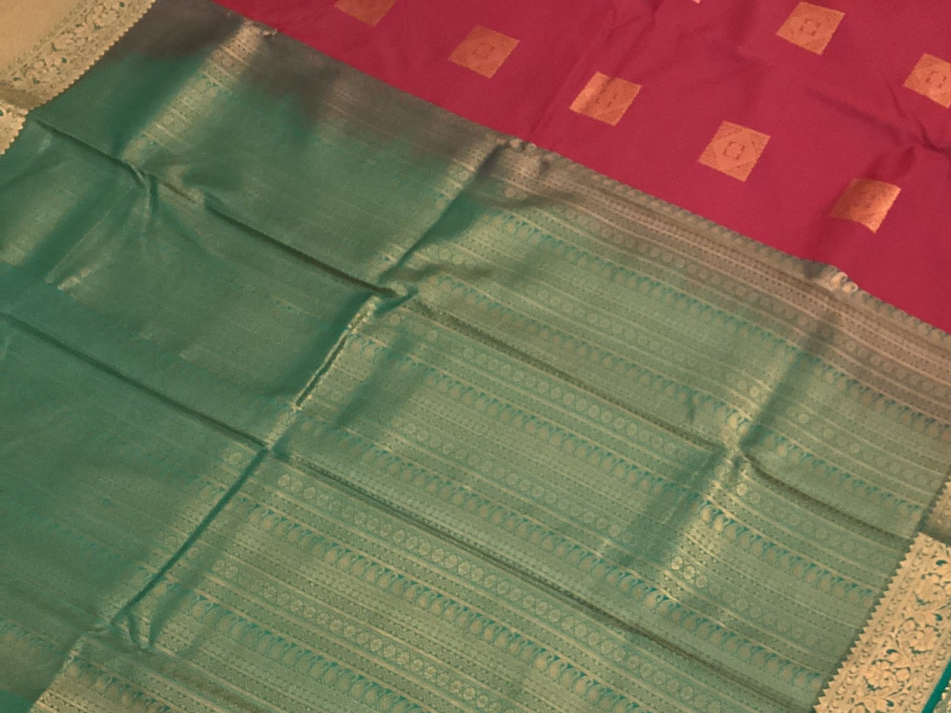 Maroon Teal Silk Saree With Gold Zari Square Buta Border