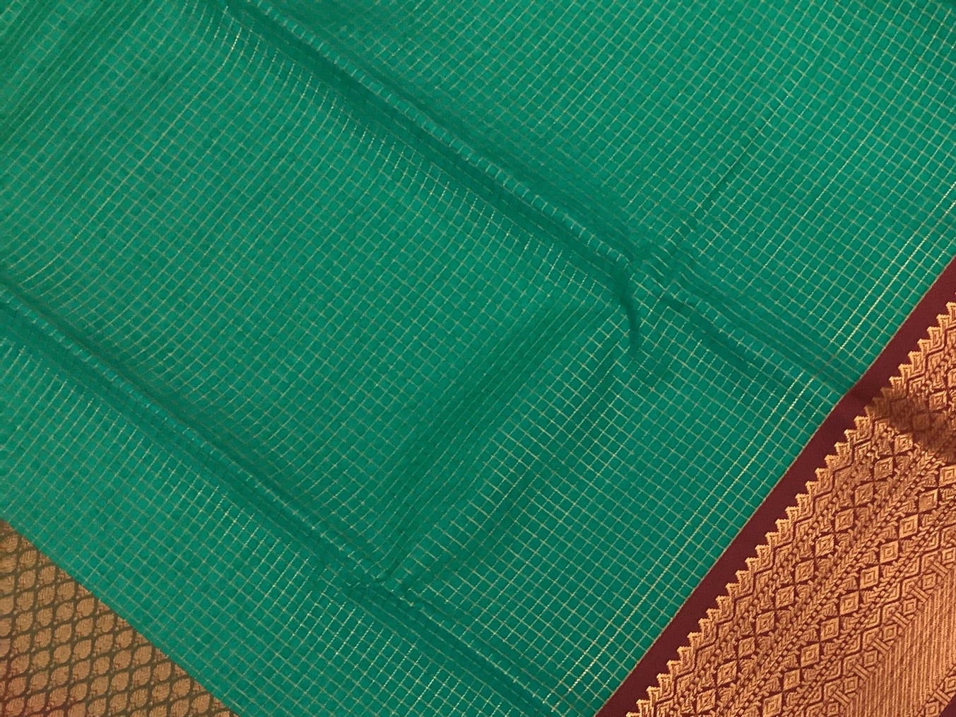 Teal Copper Zari Border Saree Micro Check Body Lattice Pallu