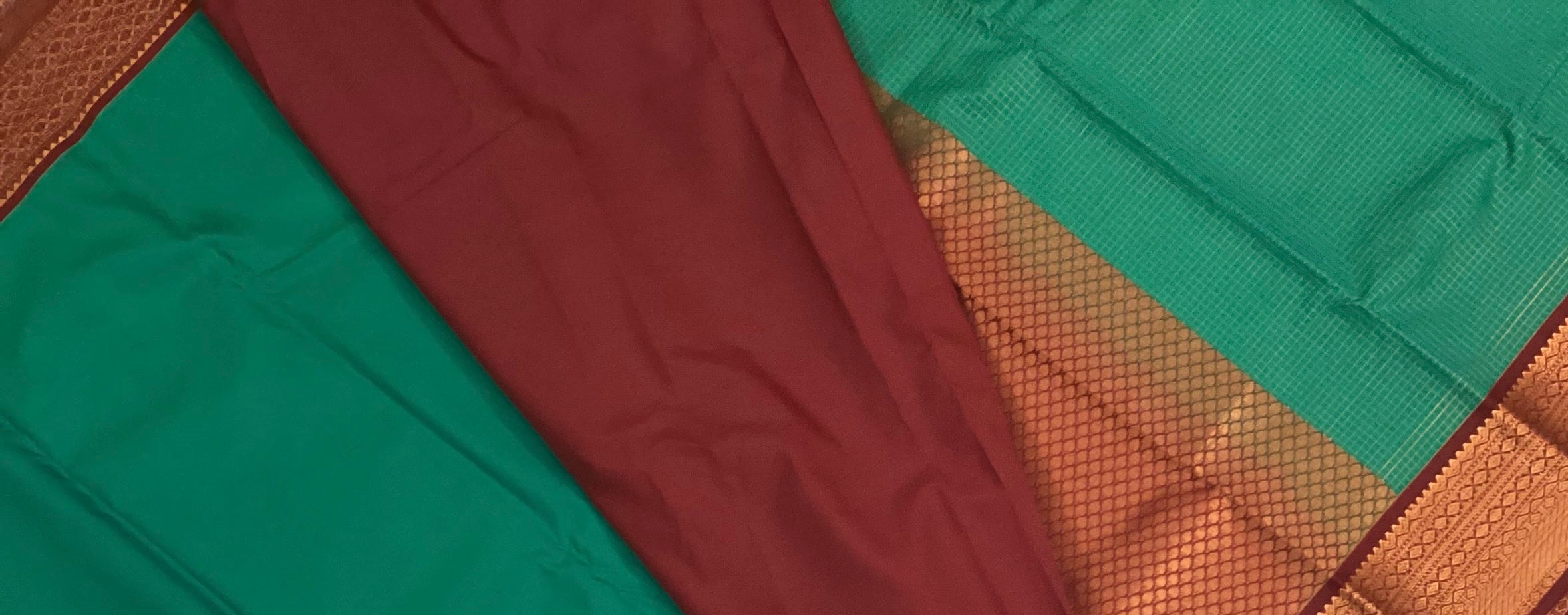 Teal Copper Zari Border Saree Micro Check Body Lattice Pallu