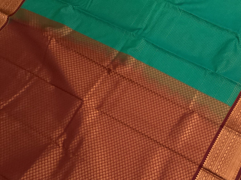Teal Copper Zari Border Saree Micro Check Body Lattice Pallu