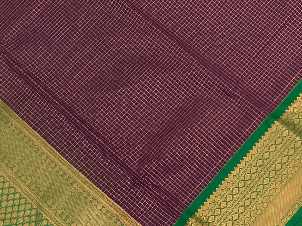 Purple Teal Silk Saree with Gold Zari Diamond Lattice Border