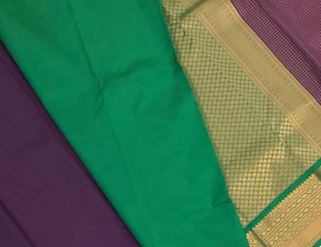 Purple Teal Silk Saree with Gold Zari Diamond Lattice Border