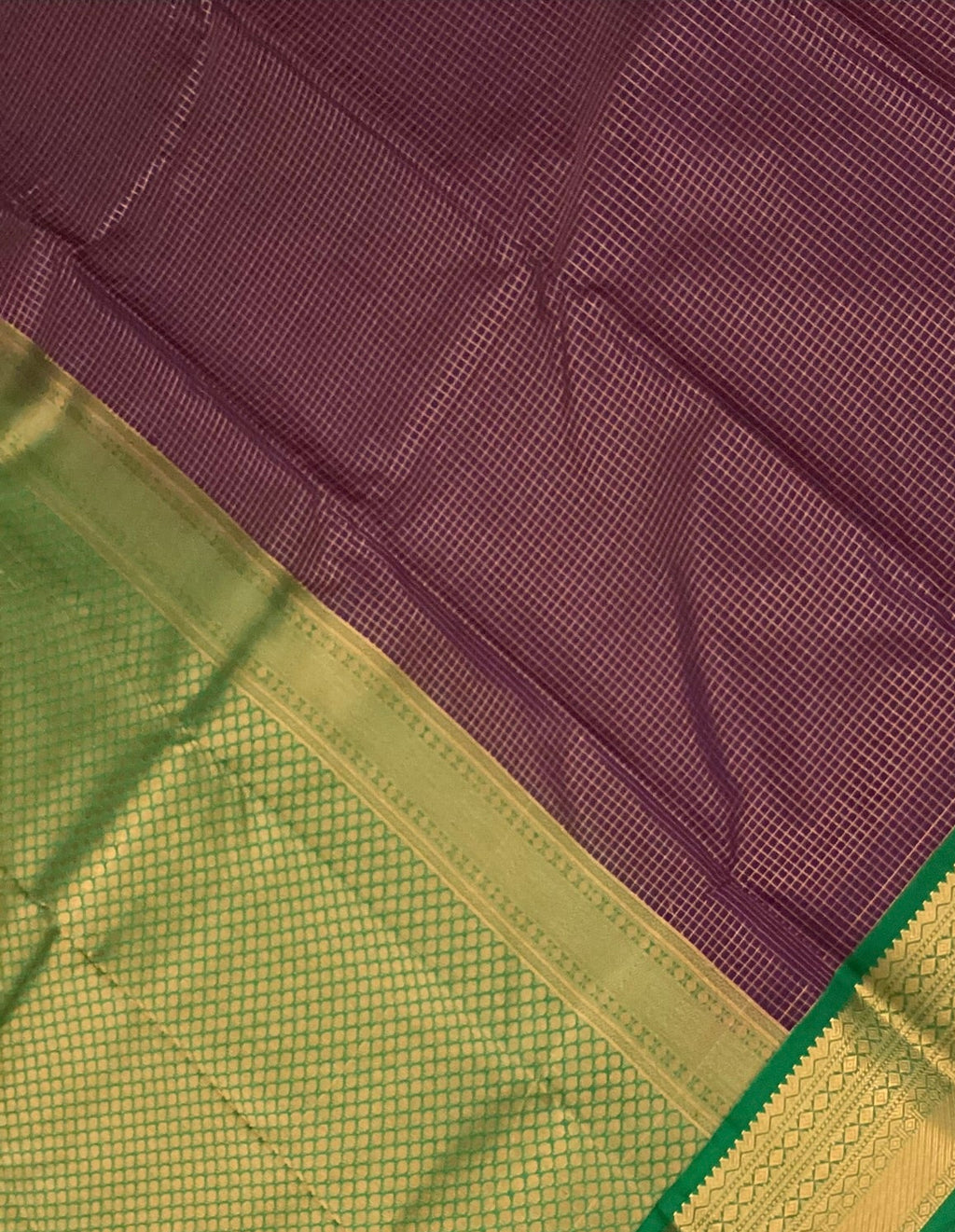 Purple Teal Silk Saree with Gold Zari Diamond Lattice Border