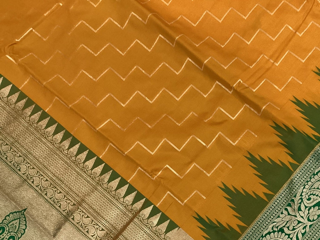 Mustard Green Silk Saree Silver Paisley Brocade Festive Traditional Wear