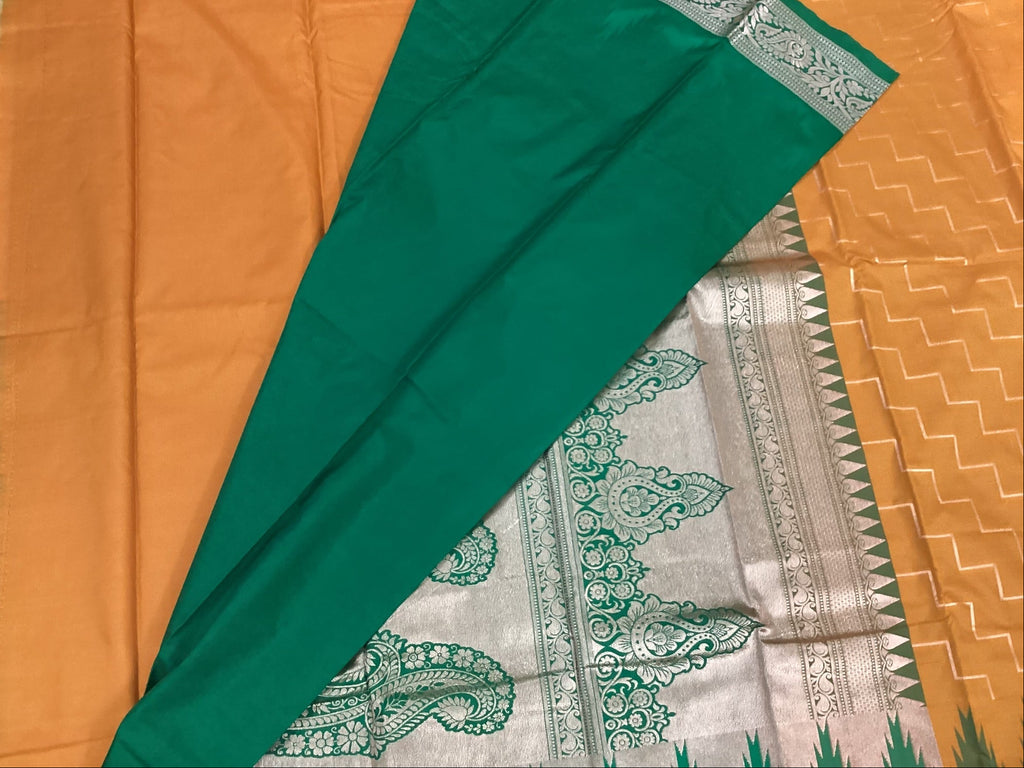 Mustard Green Silk Saree Silver Paisley Brocade Festive Traditional Wear