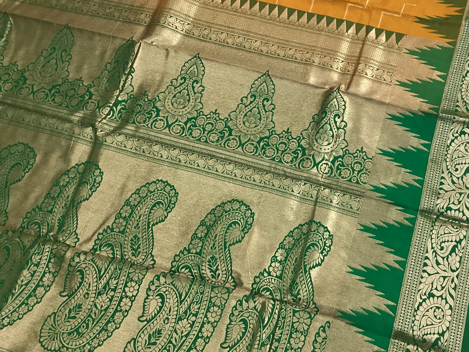 Mustard Green Silk Saree Silver Paisley Brocade Festive Traditional Wear