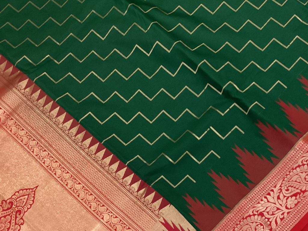 Emerald Green Saree Rose Gold Paisley Brocade Crimson Border