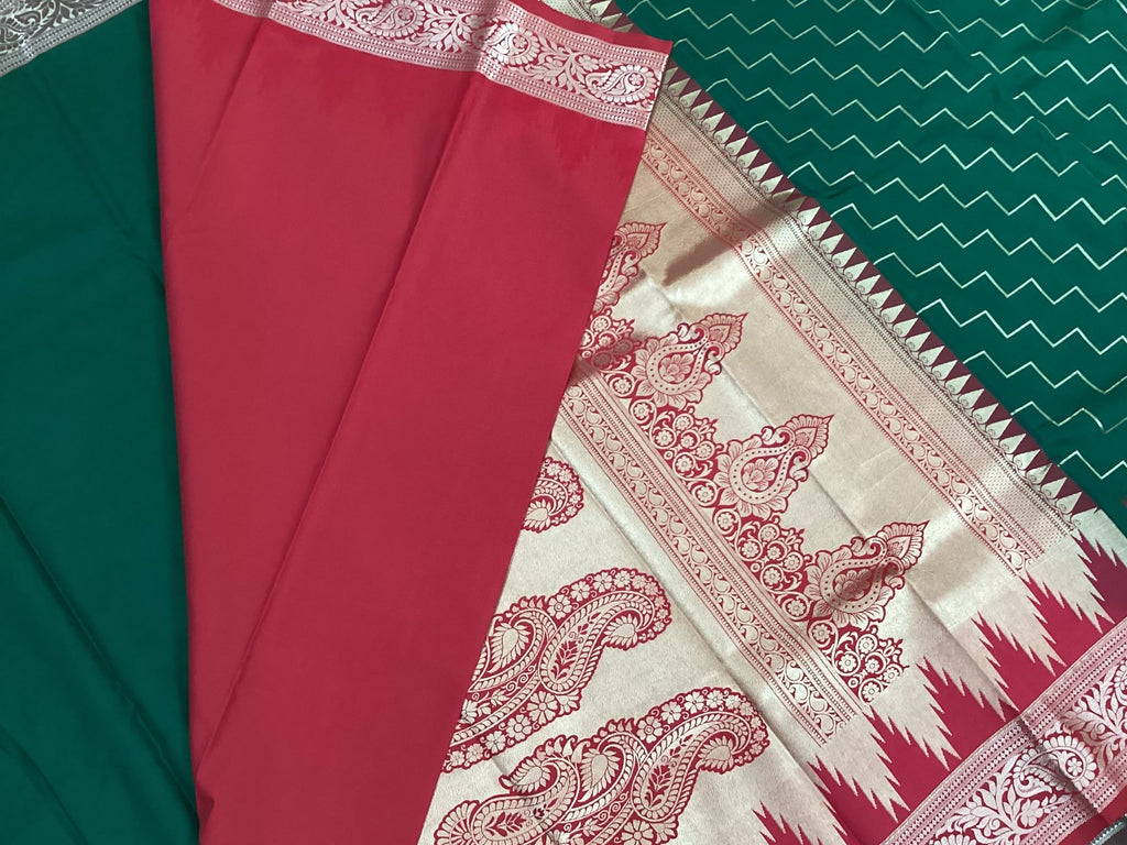 Emerald Green Saree Rose Gold Paisley Brocade Crimson Border