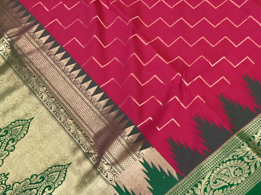 Traditional Magenta Silk Saree with Emerald Pallu Silver Zari Brocade