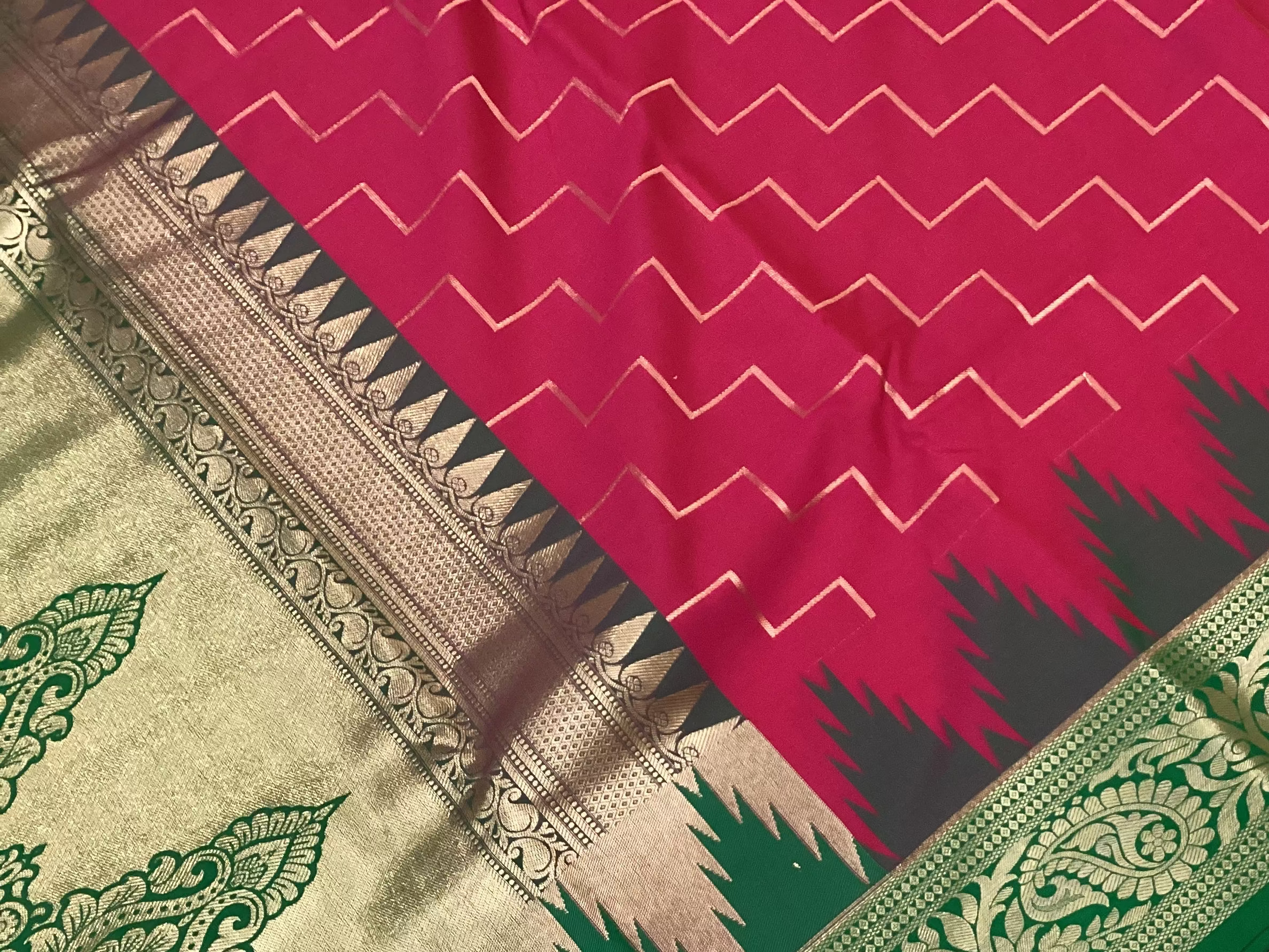 Traditional Magenta Silk Saree with Emerald Pallu Silver Zari Brocade