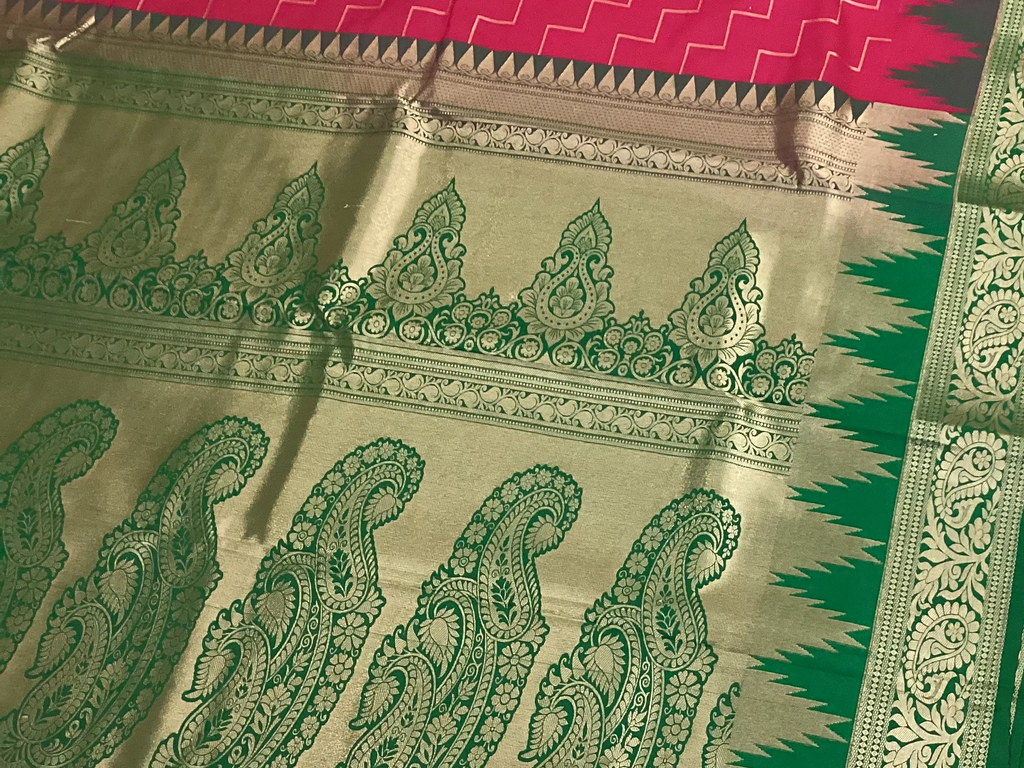 Traditional Magenta Silk Saree with Emerald Pallu Silver Zari Brocade