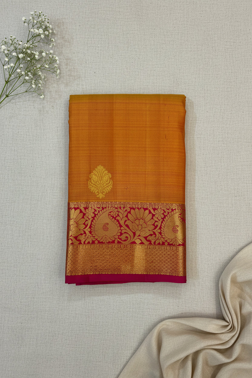 Burnt Orange Silk Saree Gold Brocade Magenta Border Traditional Wear