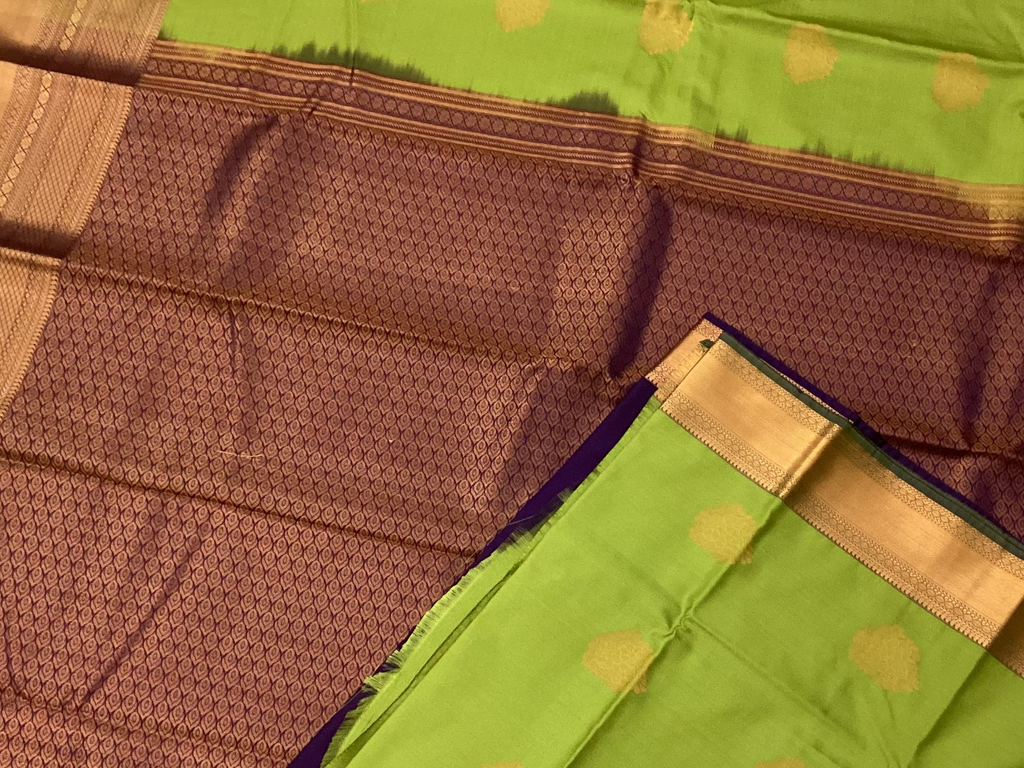 Green Purple Kanchipuram Silk Saree Gold Zari Butta Border Traditional