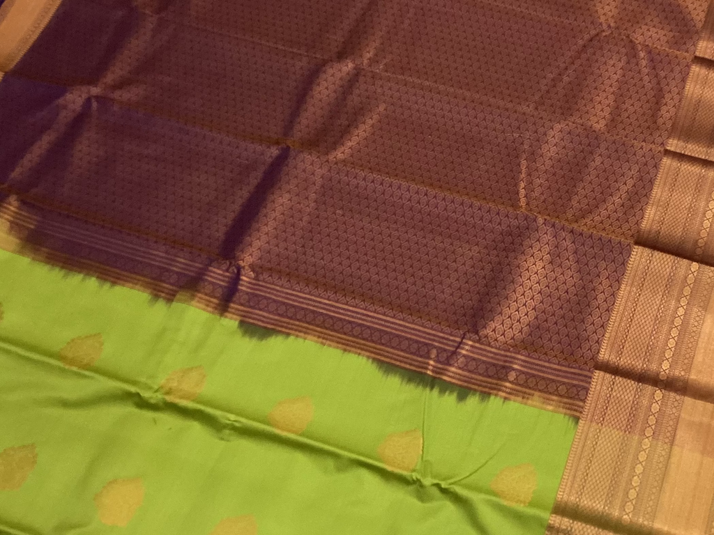 Green Purple Kanchipuram Silk Saree Gold Zari Butta Border Traditional