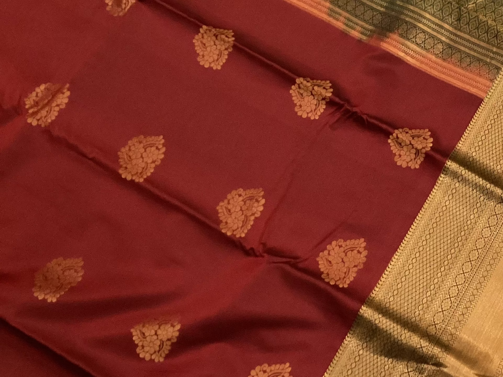 Deep Maroon Silk Saree Gold Zari Floral Butas Antique Pallu