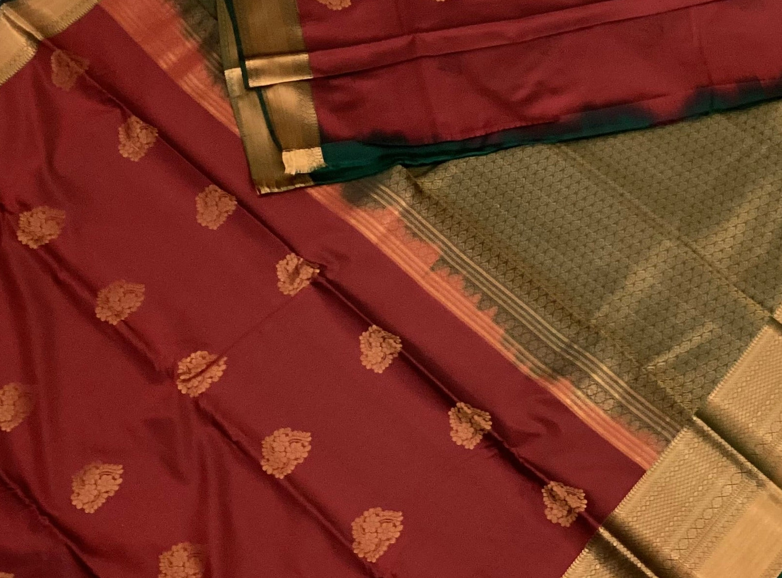Deep Maroon Silk Saree Gold Zari Floral Butas Antique Pallu
