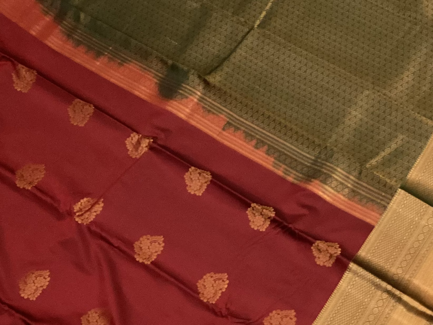 Deep Maroon Silk Saree Gold Zari Floral Butas Antique Pallu