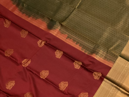 Deep Maroon Silk Saree Gold Zari Floral Butas Antique Pallu