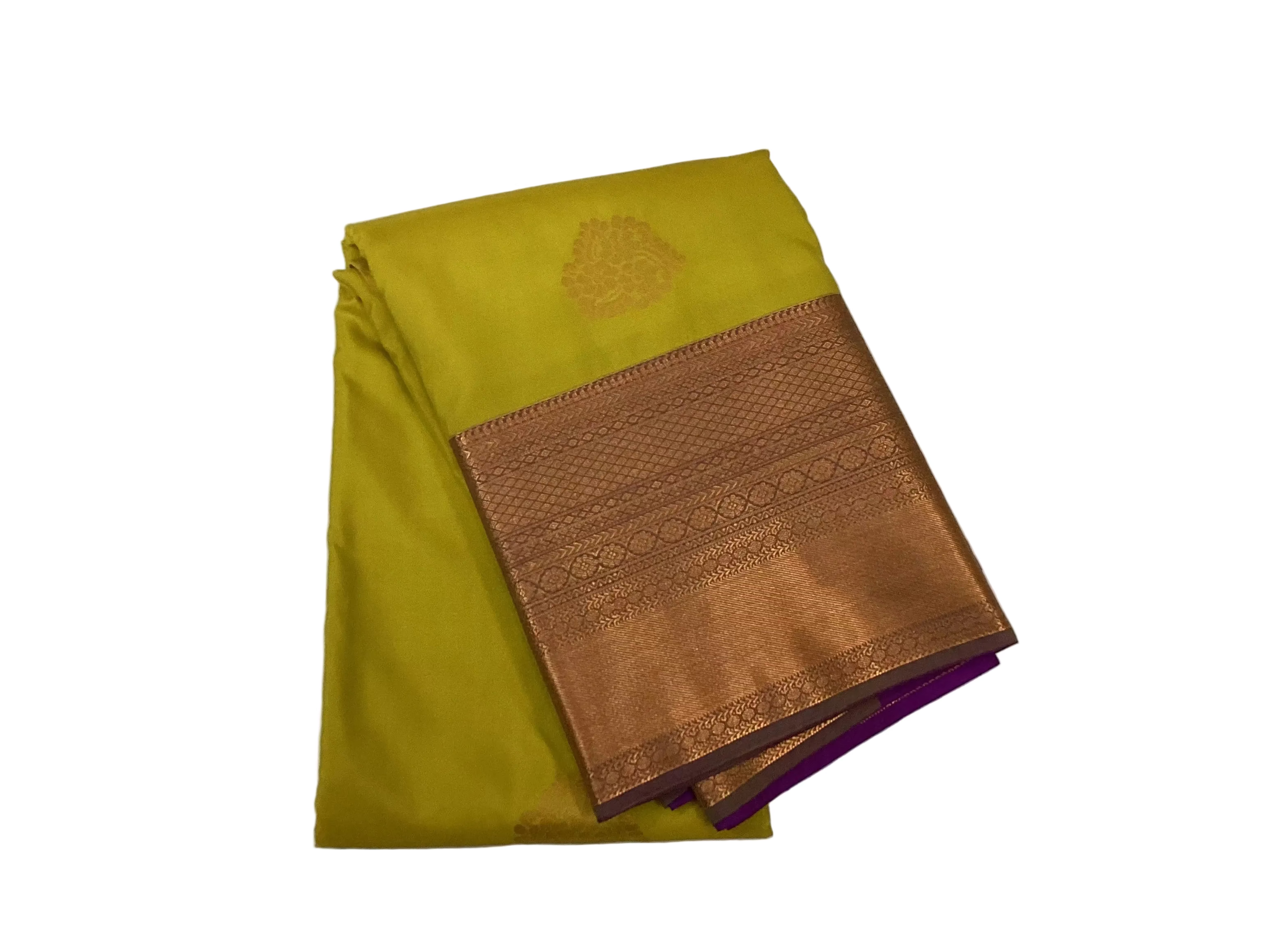 Chartreuse Green Silk Saree with Gold Buta Copper Zari Border