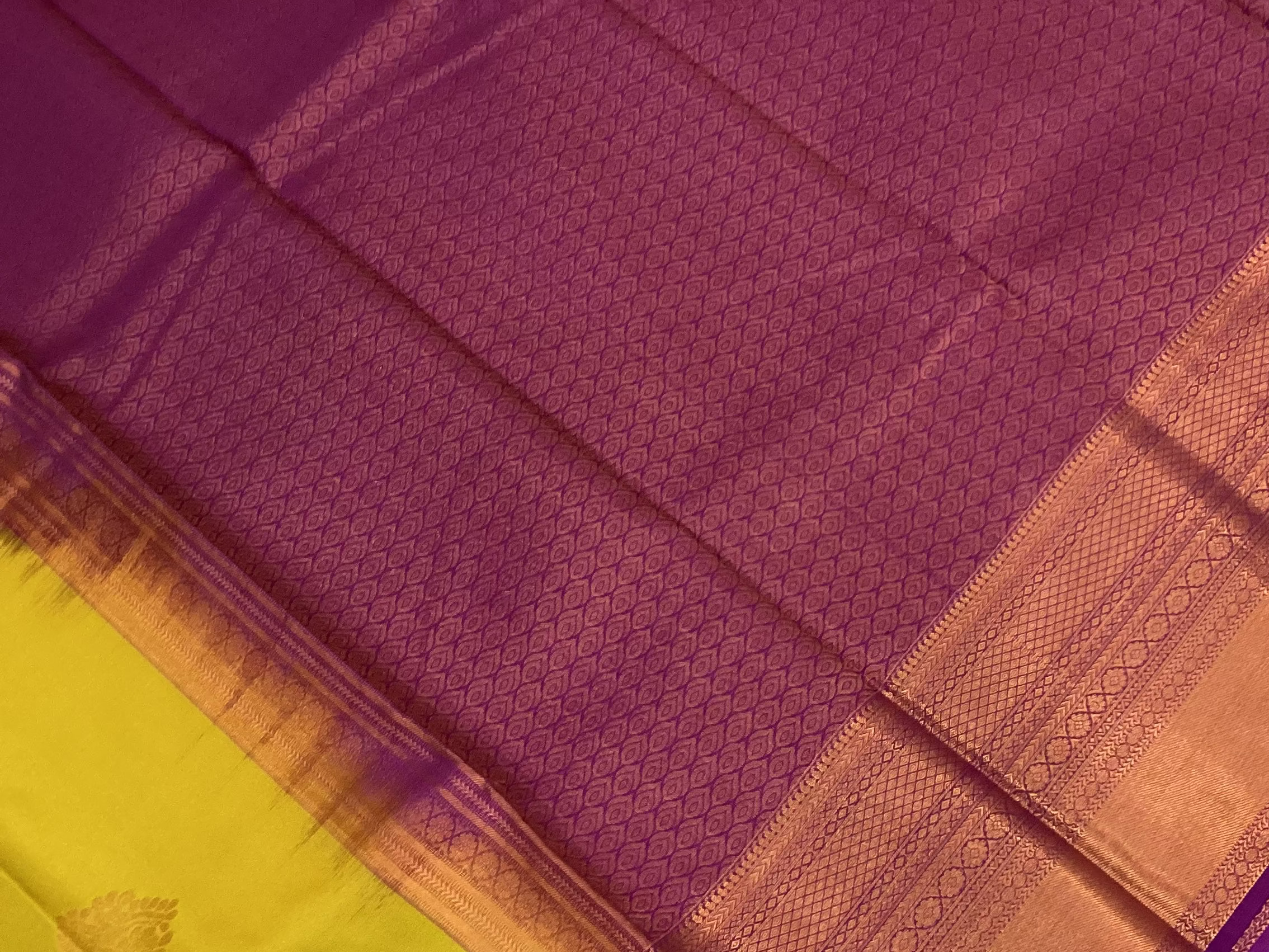 Chartreuse Green Silk Saree with Gold Buta Copper Zari Border