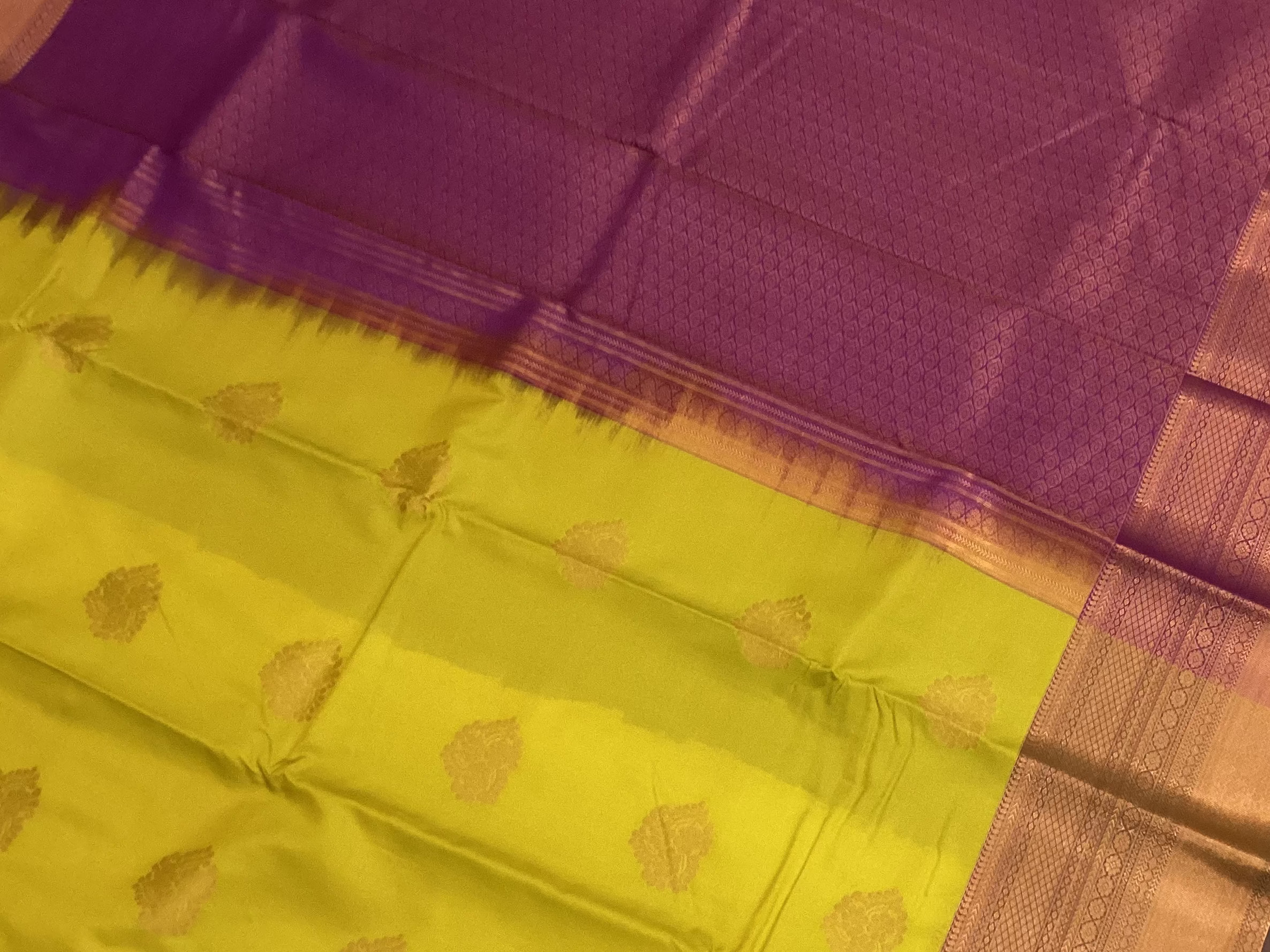 Chartreuse Green Silk Saree with Gold Buta Copper Zari Border