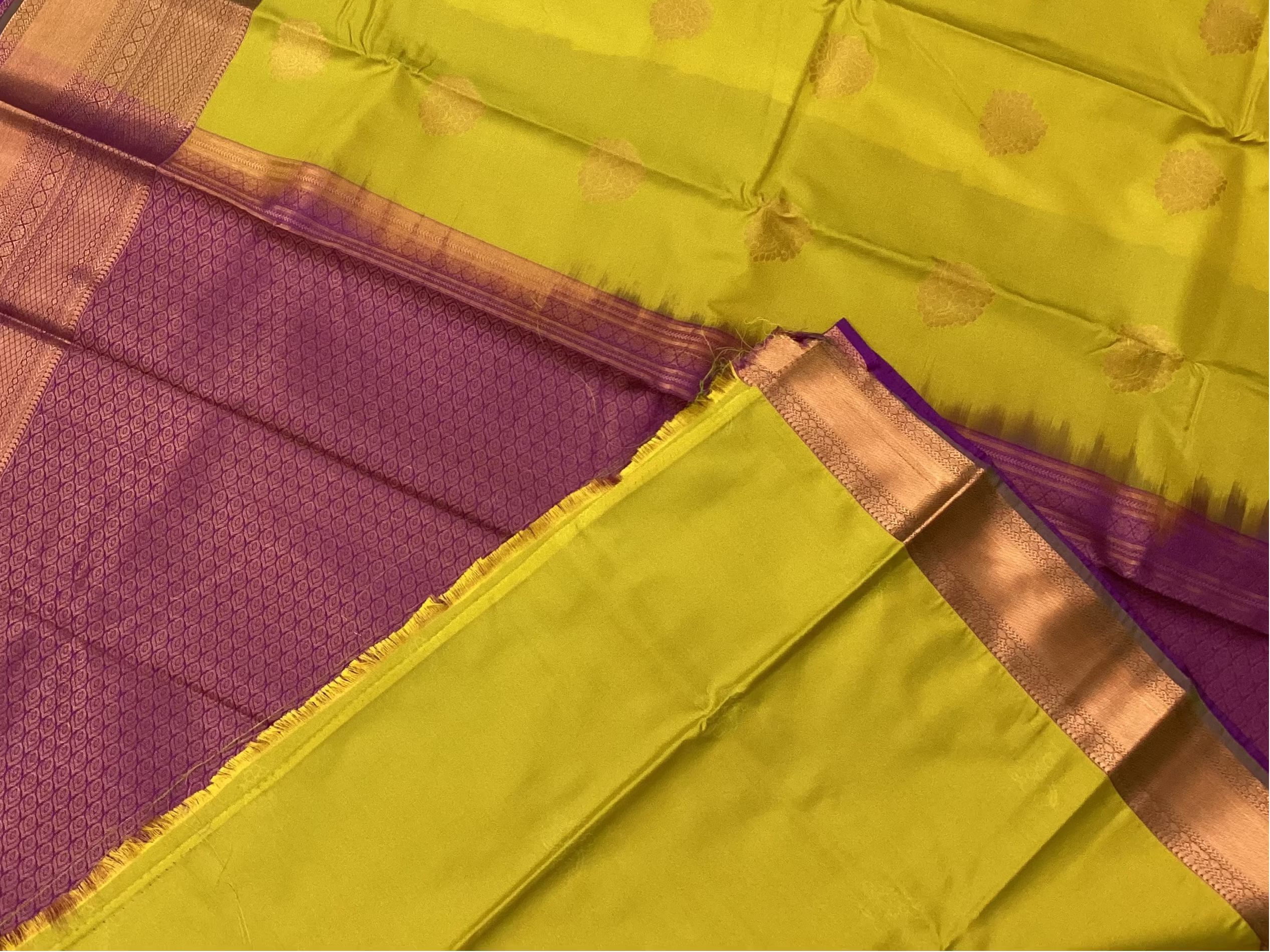 Chartreuse Green Silk Saree with Gold Buta Copper Zari Border