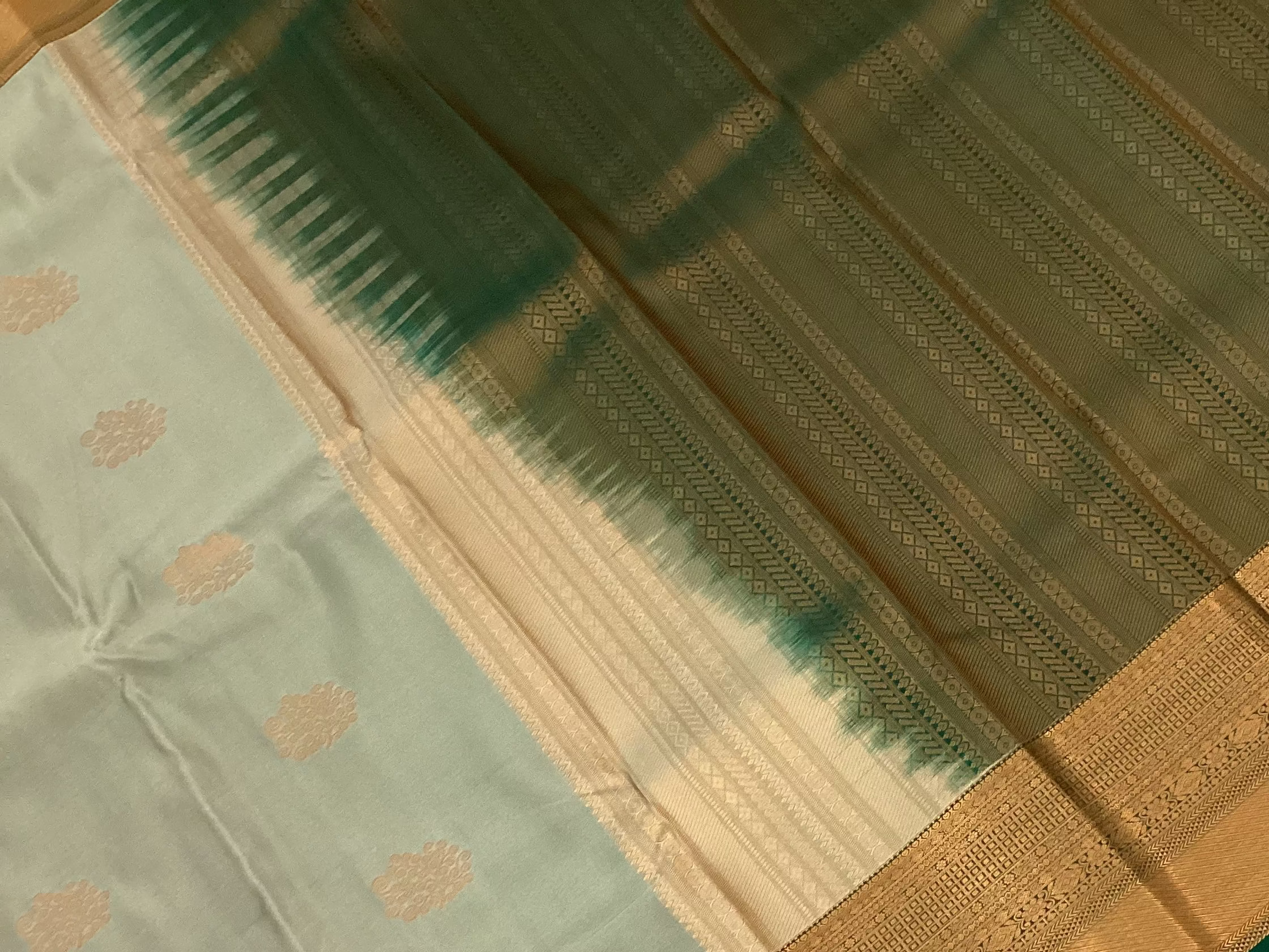 Pale Blue Silk Saree Teal Pallu Antique Gold Zari Border