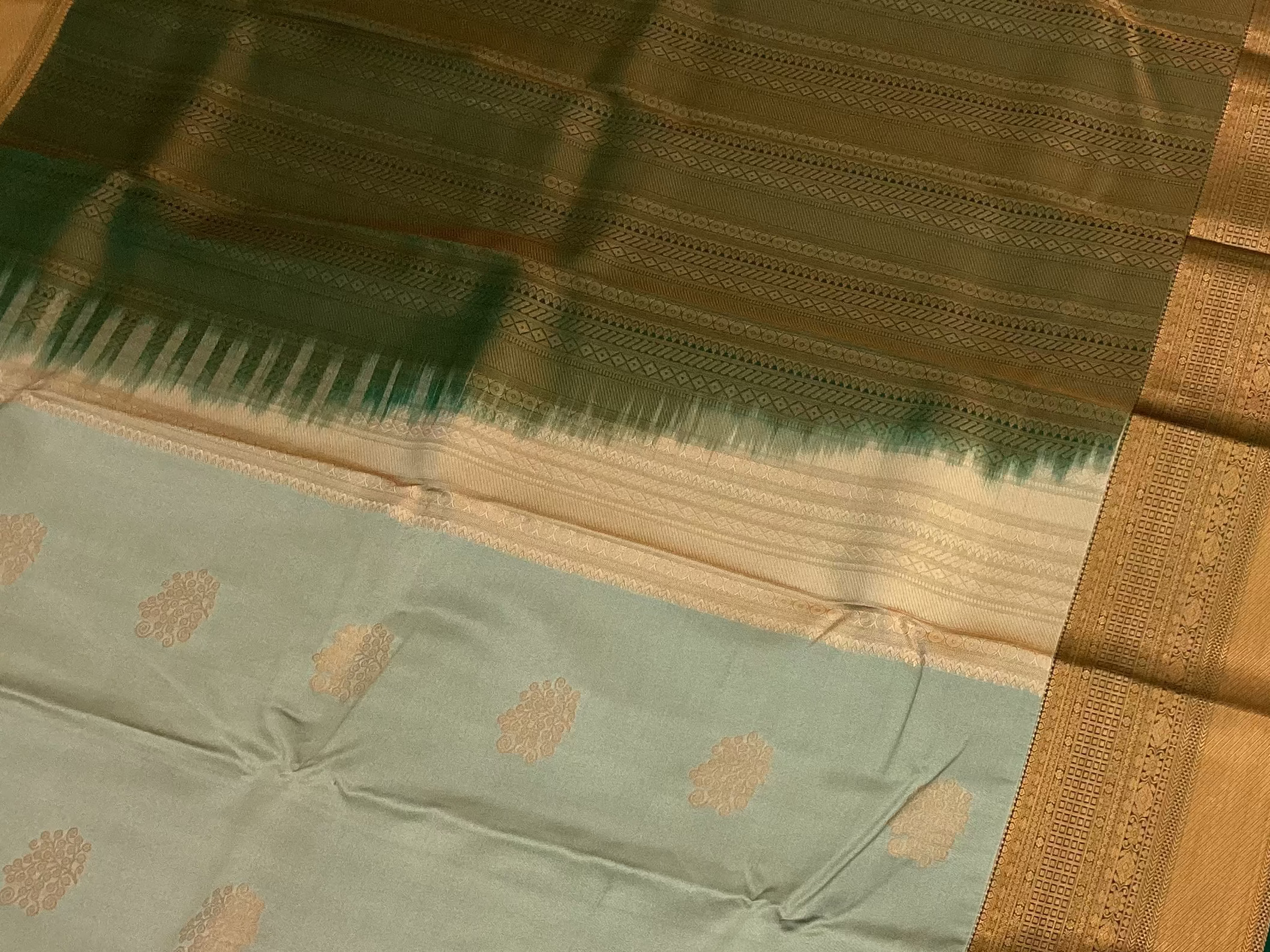 Pale Blue Silk Saree Teal Pallu Antique Gold Zari Border
